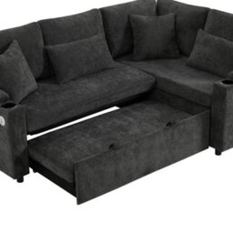 Fenchilin L-Shaped Sofa Bed With Pull-Out Sleeper Chaise Storage Armrest Storage Charging Cup Holder Grey - thumbnail 8