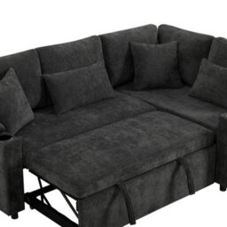 Fenchilin L-Shaped Sofa Bed With Pull-Out Sleeper Chaise Storage Armrest Storage Charging Cup Holder Grey - thumbnail 9