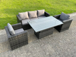 Fimous 5 Seater Pe Wicker Rattan Garden Furniture Rising Adjustable Lifting Dining Or Coffee Table Sets Chairs Dark Grey Mix - thumbnail 6