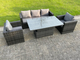 Fimous 5 Seater Pe Wicker Rattan Garden Furniture Rising Adjustable Lifting Dining Or Coffee Table Sets Chairs Dark Grey Mix - thumbnail 5