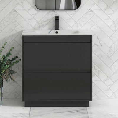 Royal Bathrooms Orion 800mm Matt Obsidian Black 2 Drawer Floor Standing Vanity Unit With Carrara White Basin & Black Accent Trim - image 1