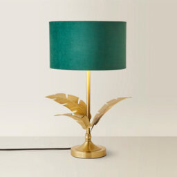 Valuelights Christina Green Velvet With Gold Inner Drum Shade Gold Palm Leaf Table Lamp