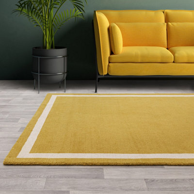 Yellow Plain Handmade Bordered 7mm Pile Stain-Resistant Rug For Bedroom, & Dining Room, Plain Wool Rug-160Cm X 230Cm