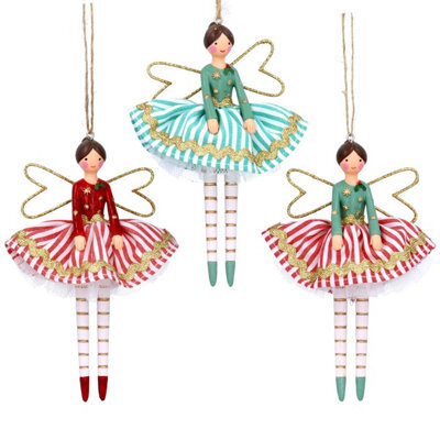 Gisela Graham Christmas Set Of Three Striped Fairy Resin Christmas Tree Decorations, 14 X 8.5 Cm Each.