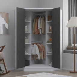 Reflect 2 Door Corner Wardrobe - Grey Gloss & Matt White - 2 Hanging Rails & 8 Shelves - H: 180Cm X W: 103Cm - Modern Design - thumbnail 4