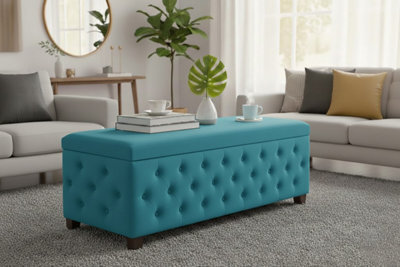 137Cm Wide Empire Ottoman Storage Box With Legs, Duck Egg Velvet Chesterfield Upholstered Ottoman Footstool Coffee Table - image 1