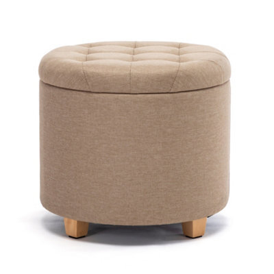 Hnnhome 45Cm Round Linen Padded Seat Ottoman Storage Stool Box, Footstool Pouffes Chair With Lids (Beige) - image 1