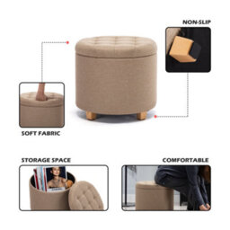 Hnnhome 45Cm Round Linen Padded Seat Ottoman Storage Stool Box, Footstool Pouffes Chair With Lids (Beige) - thumbnail 2