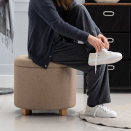 Hnnhome 45Cm Round Linen Padded Seat Ottoman Storage Stool Box, Footstool Pouffes Chair With Lids (Beige) - thumbnail 5