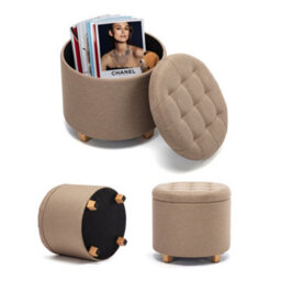 Hnnhome 45Cm Round Linen Padded Seat Ottoman Storage Stool Box, Footstool Pouffes Chair With Lids (Beige) - thumbnail 4