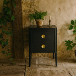 Wyld Haus Bologna Black Oak Bedside Table With Brass Handles And Two Drawers - thumbnail 1