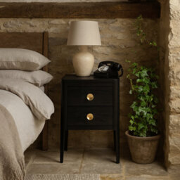 Wyld Haus Bologna Black Oak Bedside Table With Brass Handles And Two Drawers - thumbnail 2