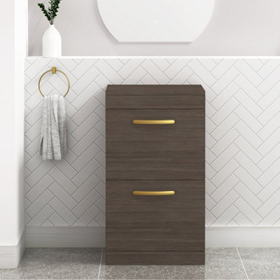 Royal Bathrooms Turin 500mm Grey Elm Floor Standing Worktop Vanity Unit - 2 Drawer With Brushed Brass Handle - image 1