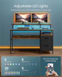 Songmics Workstation Desk, With Led Lighting And Power Connectivity, Corner Desk, With Shelf, Usb Ports, And Drawers, Rustic Brown - thumbnail 3