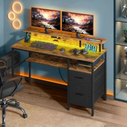 Workstation Desk, With Led Lighting And Power Connectivity, Corner Desk, With Shelf, Usb Ports, And Drawers, Rustic Brown