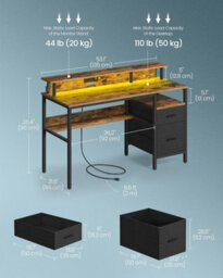 Songmics Workstation Desk, With Led Lighting And Power Connectivity, Corner Desk, With Shelf, Usb Ports, And Drawers, Rustic Brown - thumbnail 2