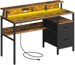 Songmics Workstation Desk, With Led Lighting And Power Connectivity, Corner Desk, With Shelf, Usb Ports, And Drawers, Rustic Brown - thumbnail 6