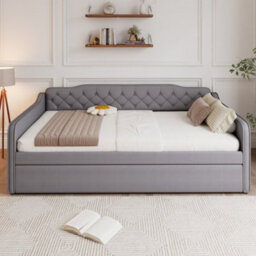 Merax 4Ft6 Double Daybed 135 X 190 Cm, Velvet Sofa Bed With Pull Out Trundle, Upholstered Bed Frame, Youth Bed, Grey - thumbnail 2