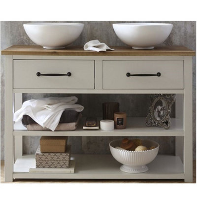 Homestylestore Antique White And Oak 1215mm Bathroom Vanity Unit With Two Round Countertop Basins And Black T Bar Handles - image 1