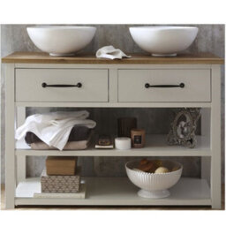 Homestylestore Antique White And Oak 1215mm Bathroom Vanity Unit With Two Round Countertop Basins And Black T Bar Handles - thumbnail 1