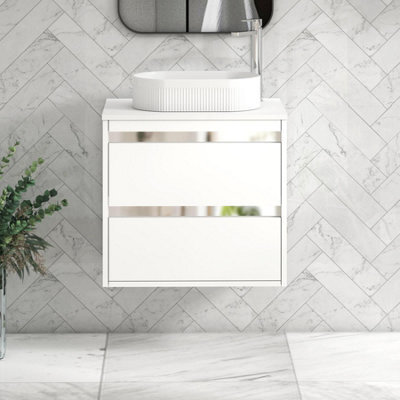 Royal Bathrooms Orion 600mm Matt White Wall Hung Plain White Countertop Vanity Unit 2 Drawer With Lyon Basin & Chrome Accent Trim - image 1