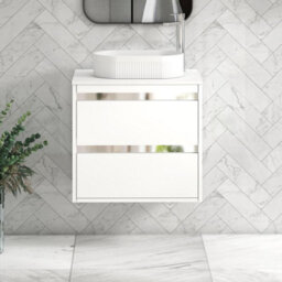 Royal Bathrooms Orion 600mm Matt White Wall Hung Plain White Countertop Vanity Unit 2 Drawer With Lyon Basin & Chrome Accent Trim - thumbnail 2