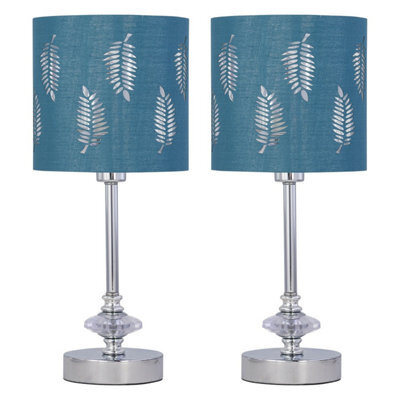 First Choice Lighting Set Of 2 Chrome Jewelled Table Lamps With Teal Fern Shades - image 1