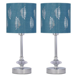 First Choice Lighting Set Of 2 Chrome Jewelled Table Lamps With Teal Fern Shades - thumbnail 1