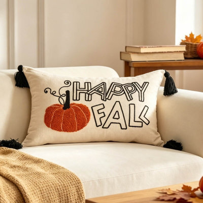 Amorly Happy Fall Pumpkin Lumbar Cushion Cover 30X50Cm, Black Tassel Retro Farmhouse Pillow Case Only No Insert For Fall Home Decor - image 1