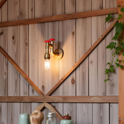 Industrial Steampunk Wall Light Water Pipe Led E27 Wall Sconce With Red Valve And Back Box, Retro Metal Wall Lamp Fixture - thumbnail 5