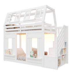 Modernluxe 3Ft Bunk Bed, Loft Bed, 90X190Cm, Children's Bed, With Led, Fall Protection And Storage Stairs, Window Shape, White - thumbnail 9