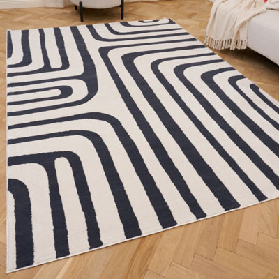 The Rugs Loft Navy And Ivory Curved Line Living Room Area Rug And Runners Soft Pile - image 1