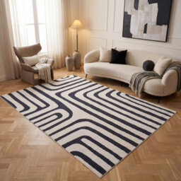 The Rugs Loft Navy And Ivory Curved Line Living Room Area Rug And Runners Soft Pile - thumbnail 3