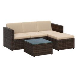 LEDREM Pe Polyrattan Garden Furniture Set With Handwoven Corner Sofa, Cushions And Glass Table, Brown And Taupe - thumbnail 2