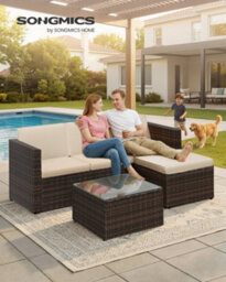 LEDREM Pe Polyrattan Garden Furniture Set With Handwoven Corner Sofa, Cushions And Glass Table, Brown And Taupe - thumbnail 3