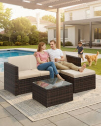 LEDREM Pe Polyrattan Garden Furniture Set With Handwoven Corner Sofa, Cushions And Glass Table, Brown And Taupe - thumbnail 1