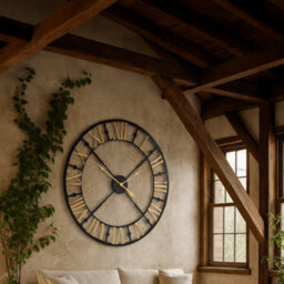 Wyld Haus 95Cm Industrial Black And Gold Metal Roman Numeral Open Frame Wall Clock - thumbnail 1