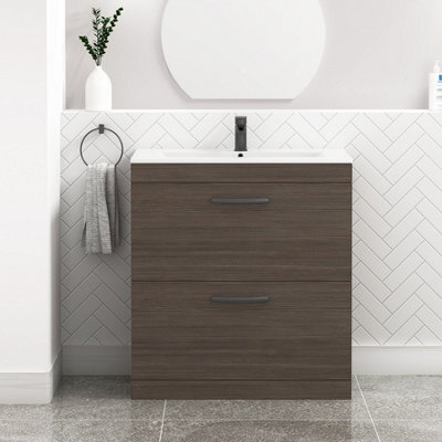Royal Bathrooms Turin Grey Elm 800mm Floor Standing Vanity Unit 2 Drawer With Minimalist Basin Sink & Matt Black Handles - image 1