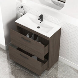 Royal Bathrooms Turin Grey Elm 800mm Floor Standing Vanity Unit 2 Drawer With Minimalist Basin Sink & Matt Black Handles - thumbnail 3