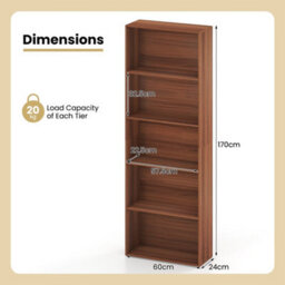 Walnut 5Tier Bookshelf Open Bookcase Freestanding Display Shelf For Living Room - thumbnail 2