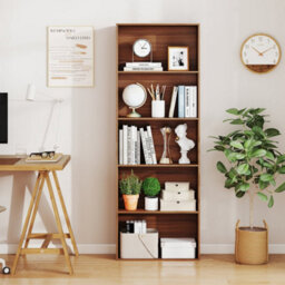 Walnut 5Tier Bookshelf Open Bookcase Freestanding Display Shelf For Living Room - thumbnail 3