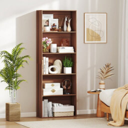 Walnut 5Tier Bookshelf Open Bookcase Freestanding Display Shelf For Living Room - thumbnail 4