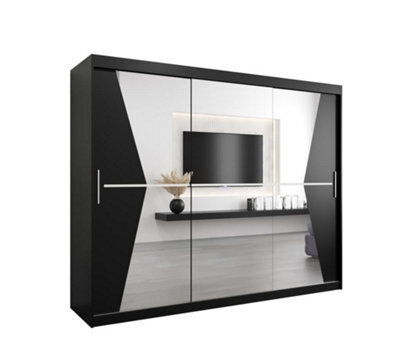 Arte Morocco Contemporary 3 Mirrored Sliding Door Wardrobe 9 Shelves 2 Rails Black Matt (H)2000mm (W)2500mm (D)620mm - image 1