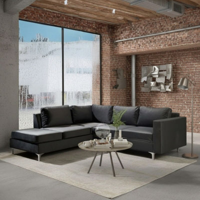 Orlando Velvet Living Room Corner Sofa Metal Legs Freestanding Upholstered Back 2355Cm 212Cm 85Cm Black Left - image 1