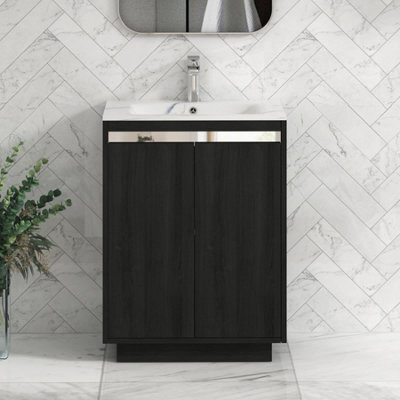 Royal Bathrooms Orion 600mm Floor Standing Bathroom Vanity Unit 2 Door Hale Black With Carrara White Basin & Black Accent Trim - image 1