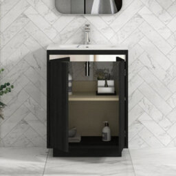 Royal Bathrooms Orion 600mm Floor Standing Bathroom Vanity Unit 2 Door Hale Black With Carrara White Basin & Black Accent Trim - thumbnail 5