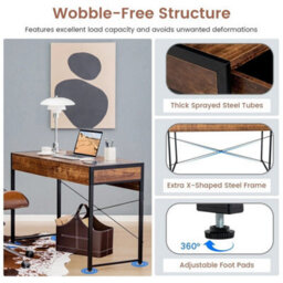 112Cm Study Writing Table Laptop Pc Desk Industrial Computer Desk Brown - thumbnail 5