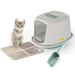 Cat Centre.Direct Cat Centre Medium Green Cat Hooded Set: Litter Tray + Scoop + Crem Tray Mat + Carbon Filter