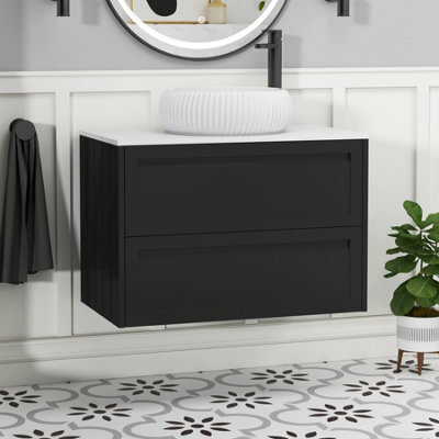 Royal Bathrooms Royal Bathroom Elmore 800mm Matt Nocturne Black Wall Mounted Bathroom Vanity Unit 2 Drawer Plain White Worktop With Milan Basin - image 1