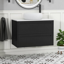 Royal Bathrooms Royal Bathroom Elmore 800mm Matt Nocturne Black Wall Mounted Bathroom Vanity Unit 2 Drawer Plain White Worktop With Milan Basin - thumbnail 1